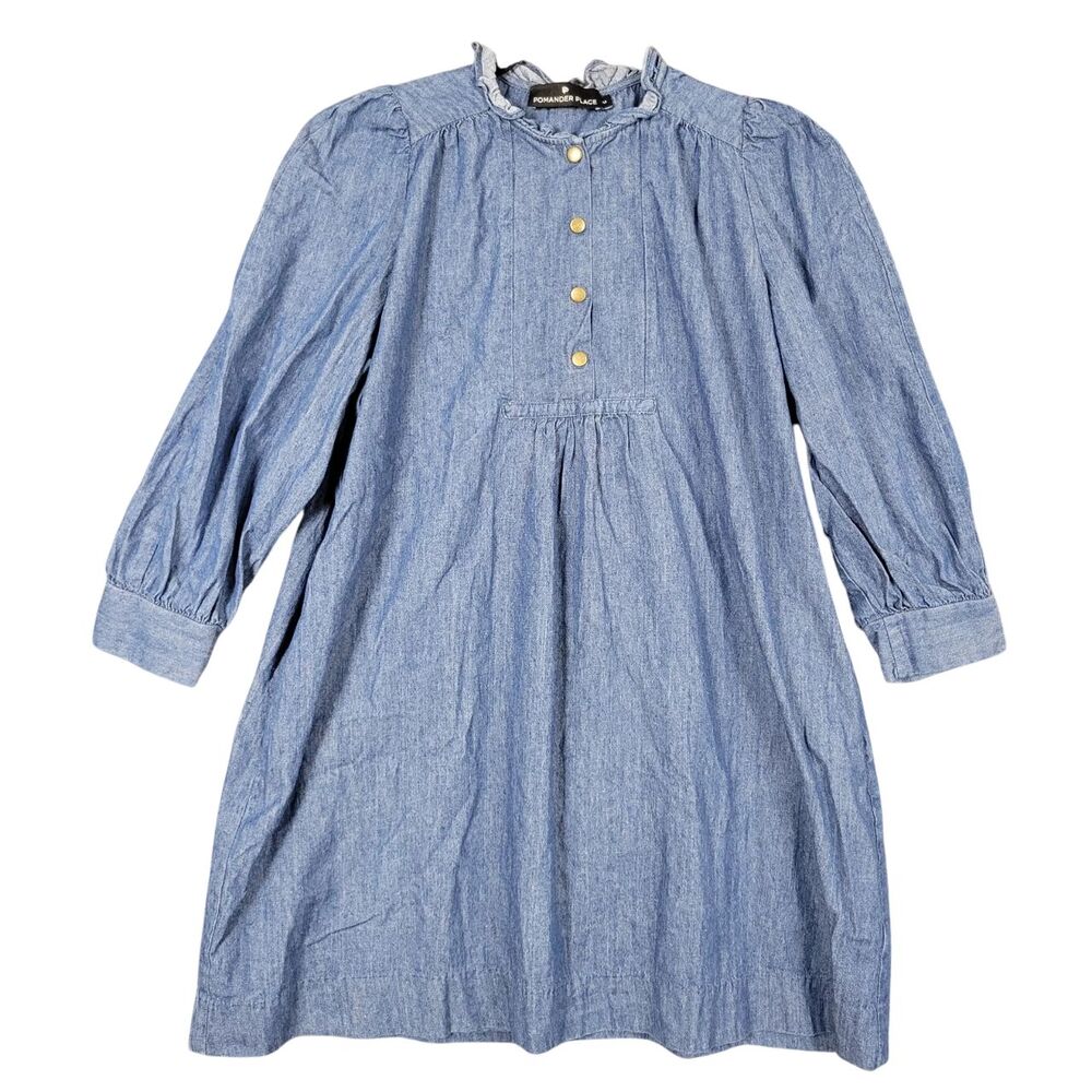 POMANDER PLACE Claiborne Blue Chambray Mini Dress Western Country SIZE MEDIUM